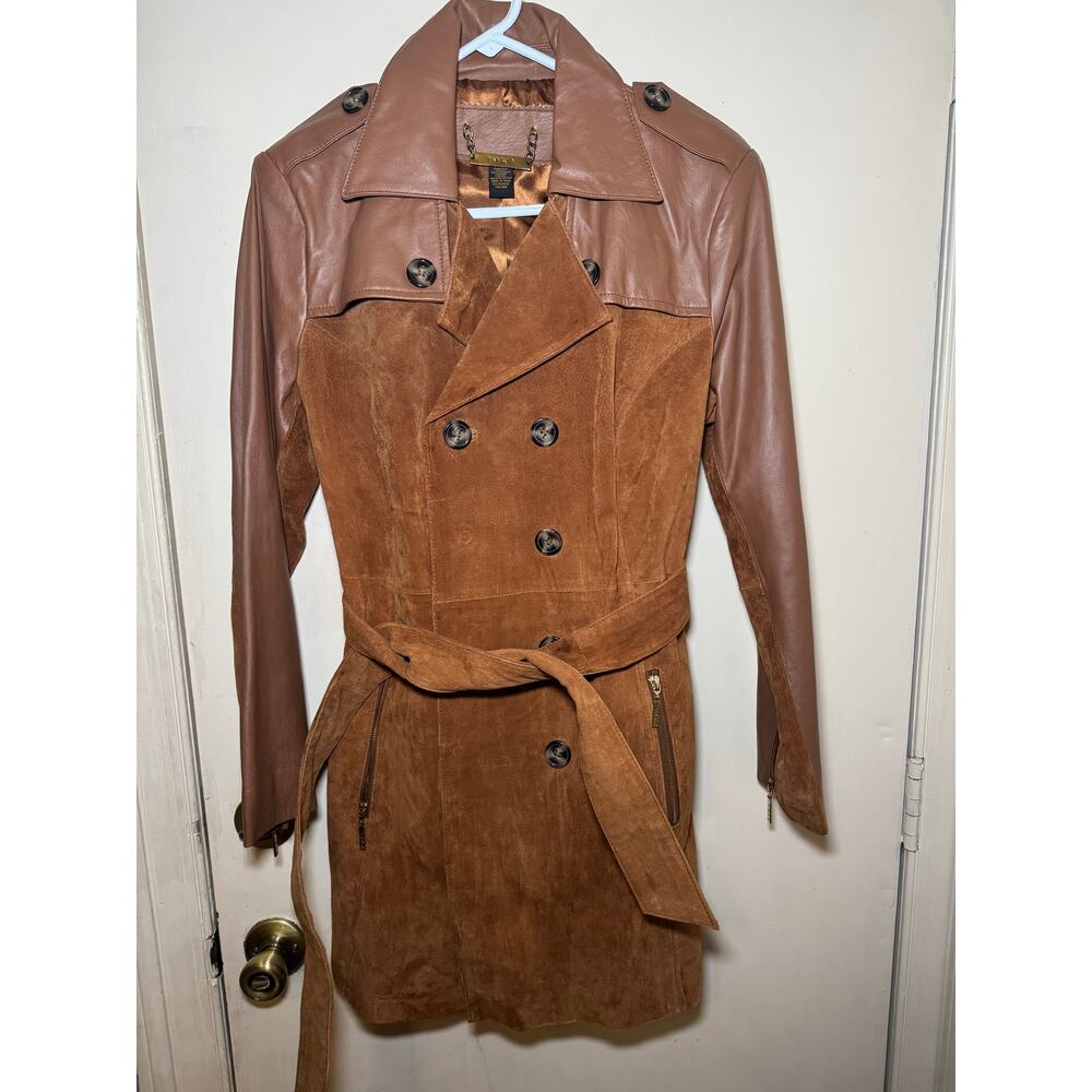 IMAN Genuine Leather & Suede Colorblock Trench Coat Brown Belted Size L